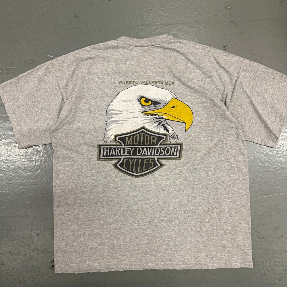 Vintage Harley Davidson Mens XL Gray Eagle Puerto Vallarta Preowned Stains